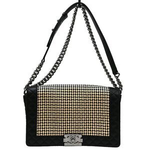 Chanel Reverso Boy Flap Woven Calfskin Black Leather Shoulder Bag Bag